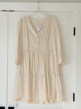 Flowy Cream Long Sleeve Tiered Dress with V-Neck